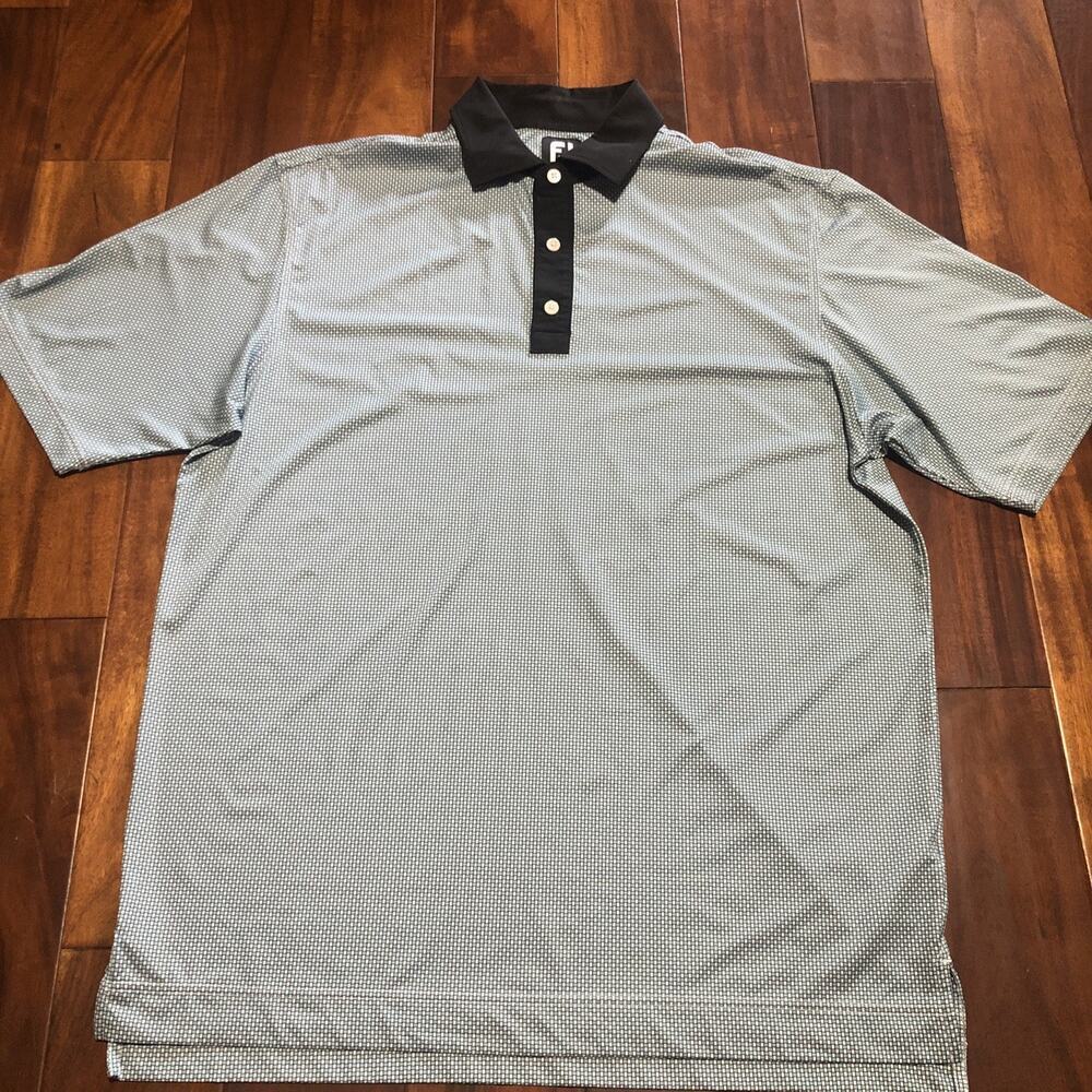 FootJoy Golf Polo Men’s Large Teal Check Short Sleeve Stretch Shirt Black Collar